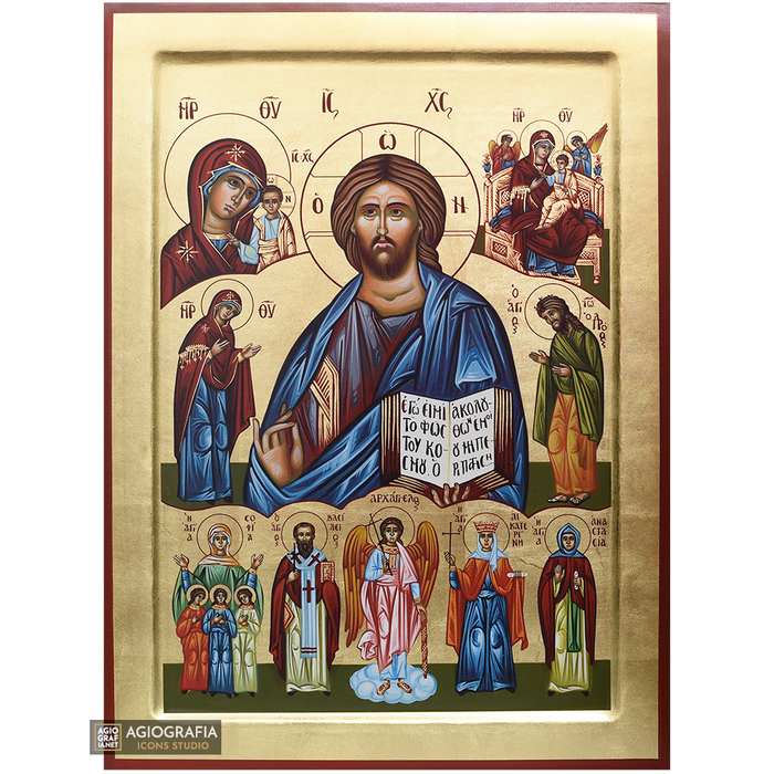 18k Deesis der Gottesmutter, Engel, Heilige griechische Ikone mit Blattgold