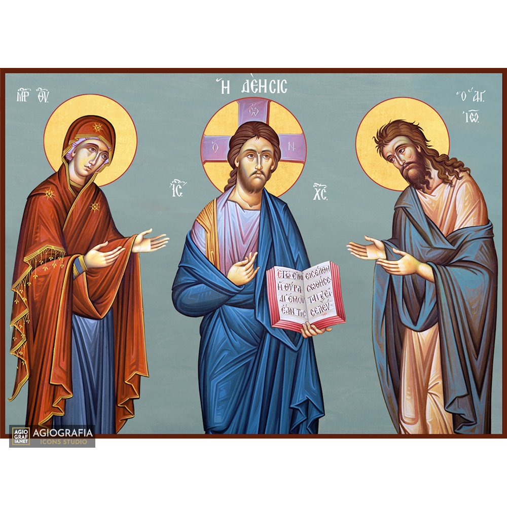 Deesis Jesus Christ - Virgin Mary - St John Icon with Blue Background