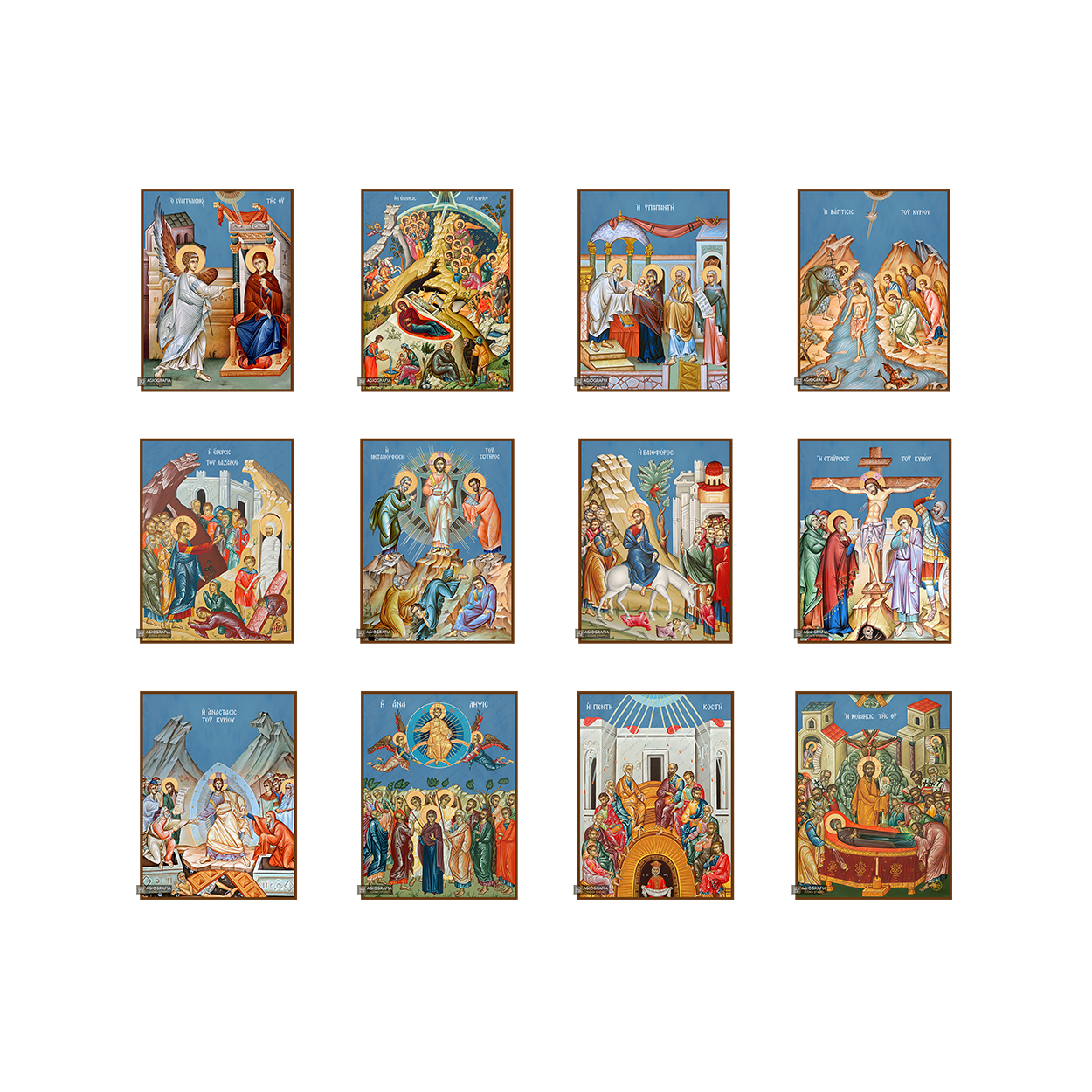 Set of 12 Feastal Orthodox Icons on Wood with Blue Background