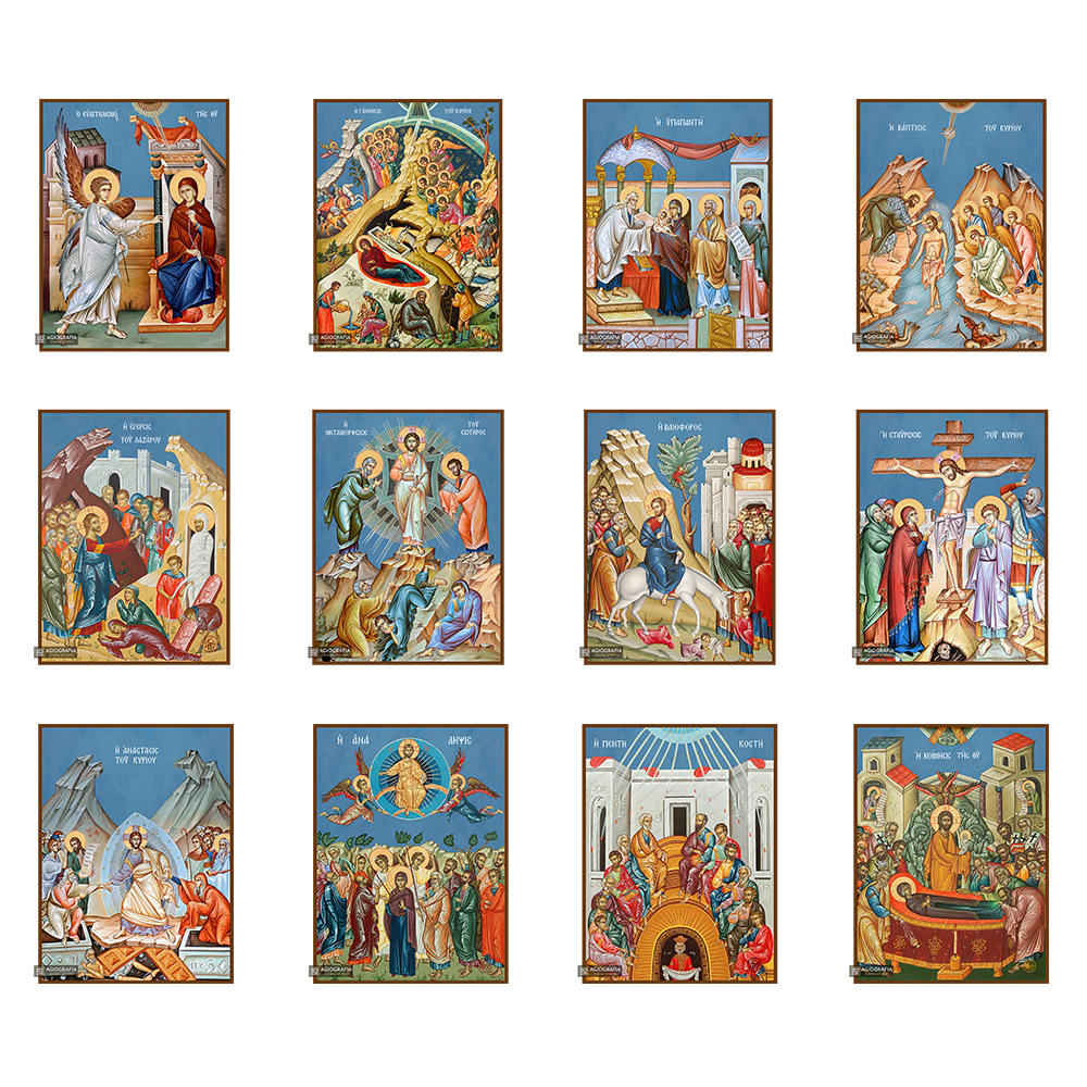 Set of 12 Feastal Christian Icons on Wood with Blue Background