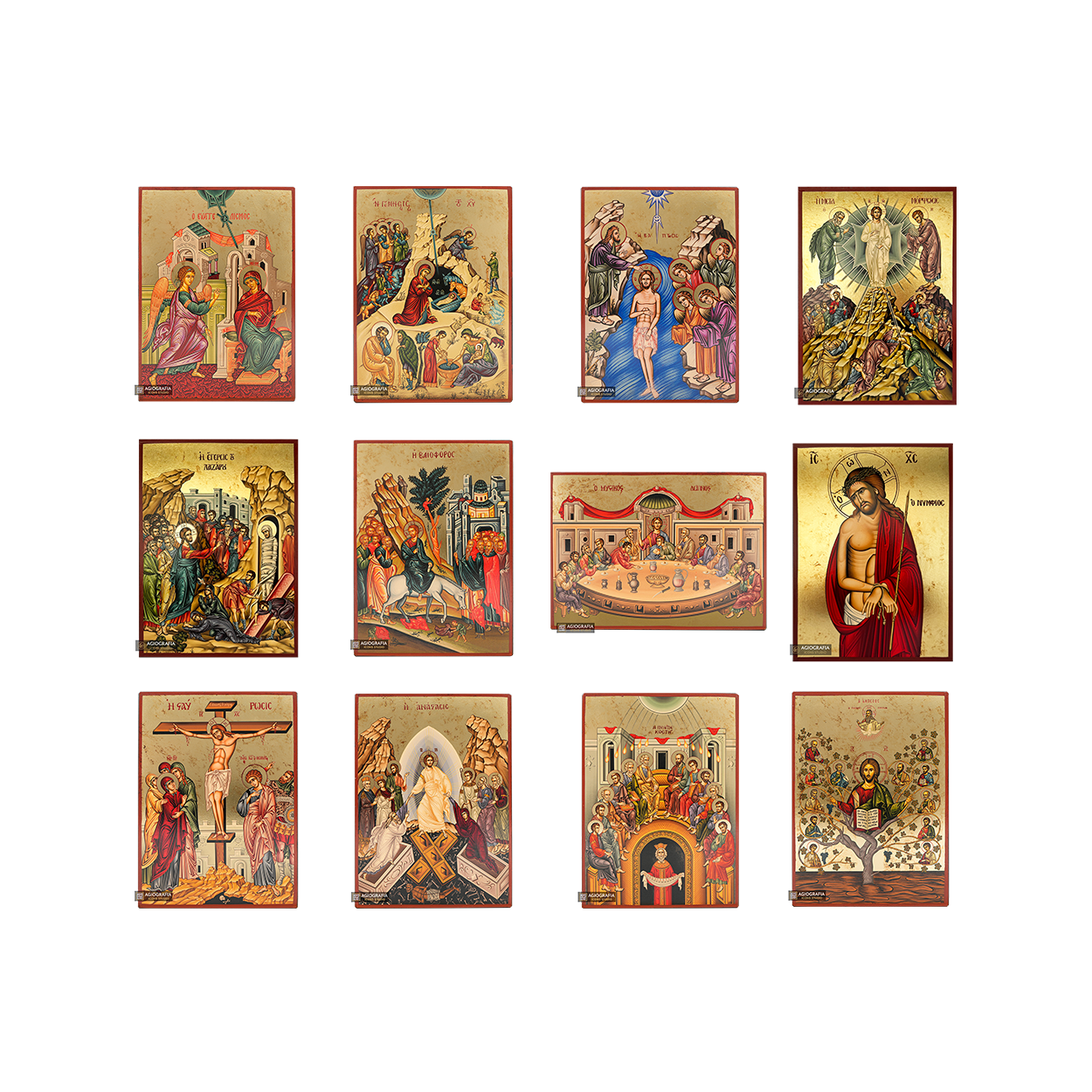 Set of 12 Great Feasts Gold Print Icons with Aged Gold Foil