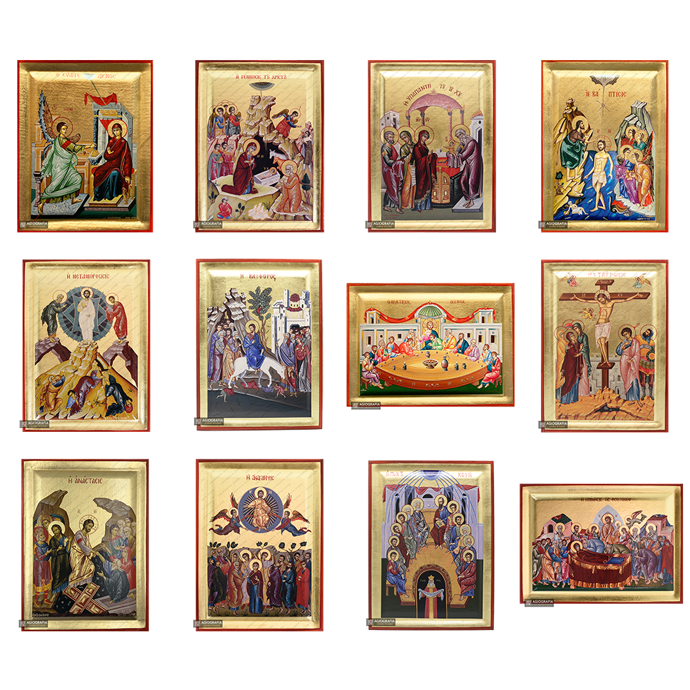 Set of 12 Feastal Christian Icons on Wood with Gold Leaf Background