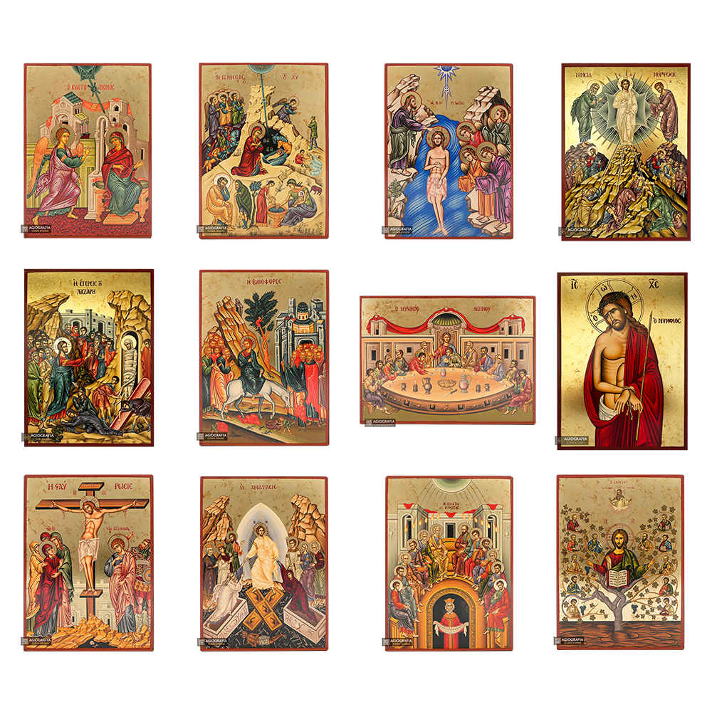 Set of 12 Great Feasts Gold Print Icons with Aged Gold Foil