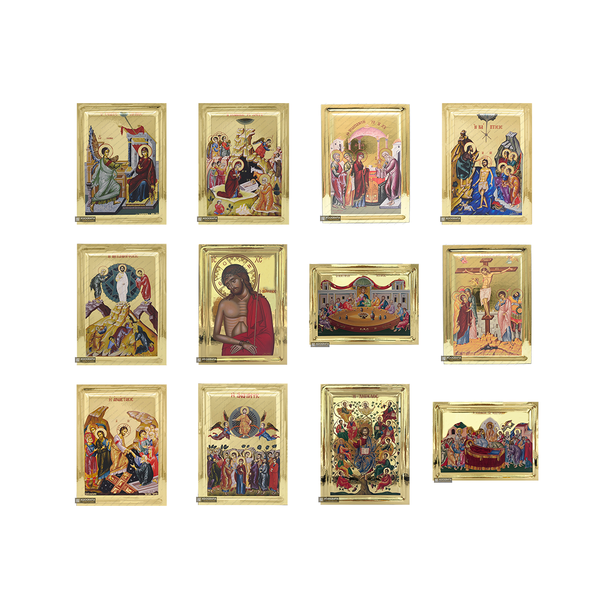 Set of 12 Feastal Christian Icons on Wood with Gilding Effect