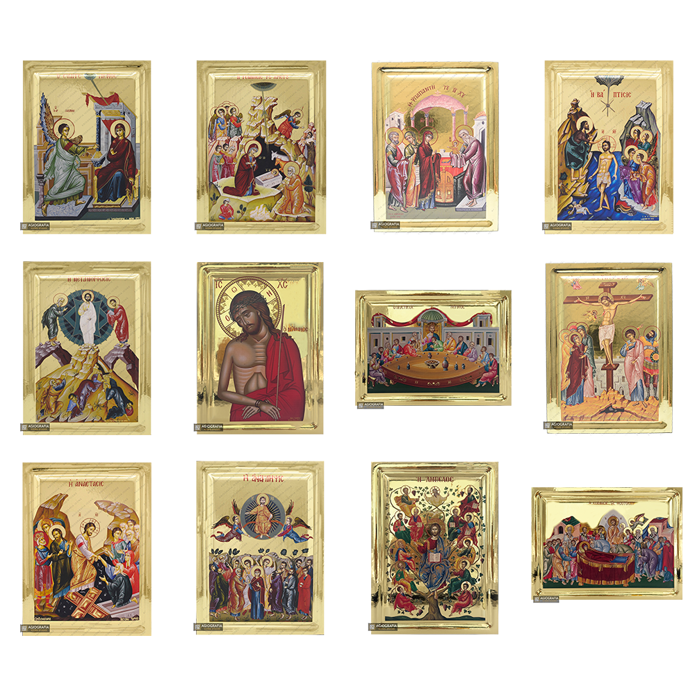 Set of 12 Feastal Christian Icons on Wood with Gilding Effect