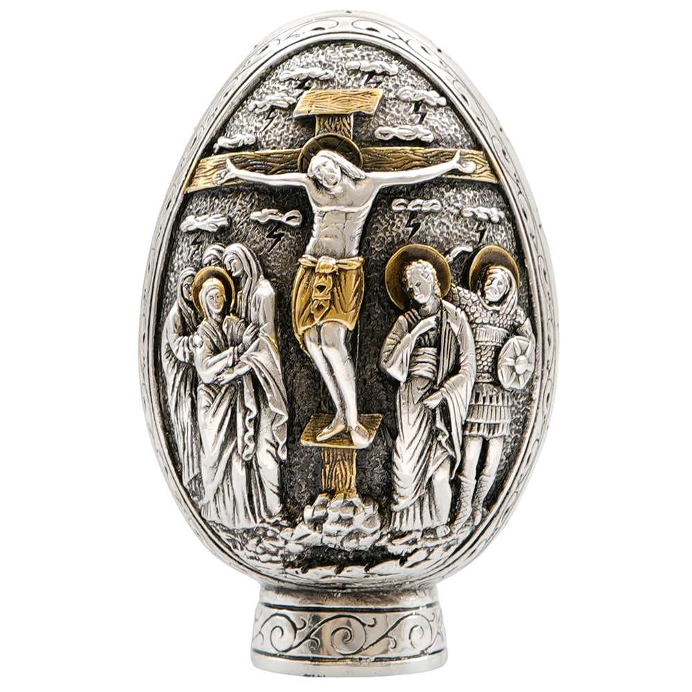 Jesus Christ's Crucifixion and Resurrection Pure Silver and 24k Gold Plated Egg