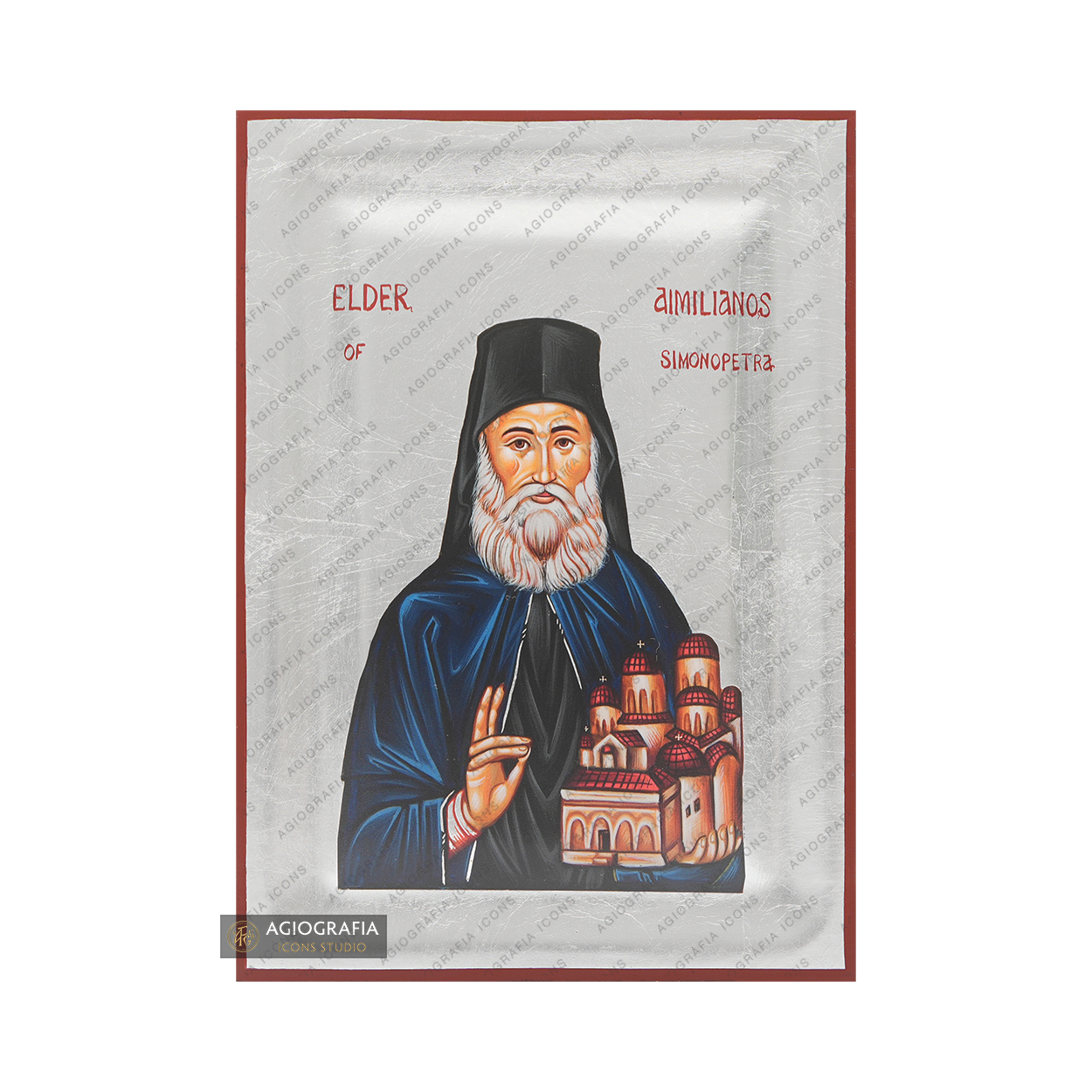 Exclusive Elder Aimilianos of Simonopetra Icon with Pure Silver Leaves