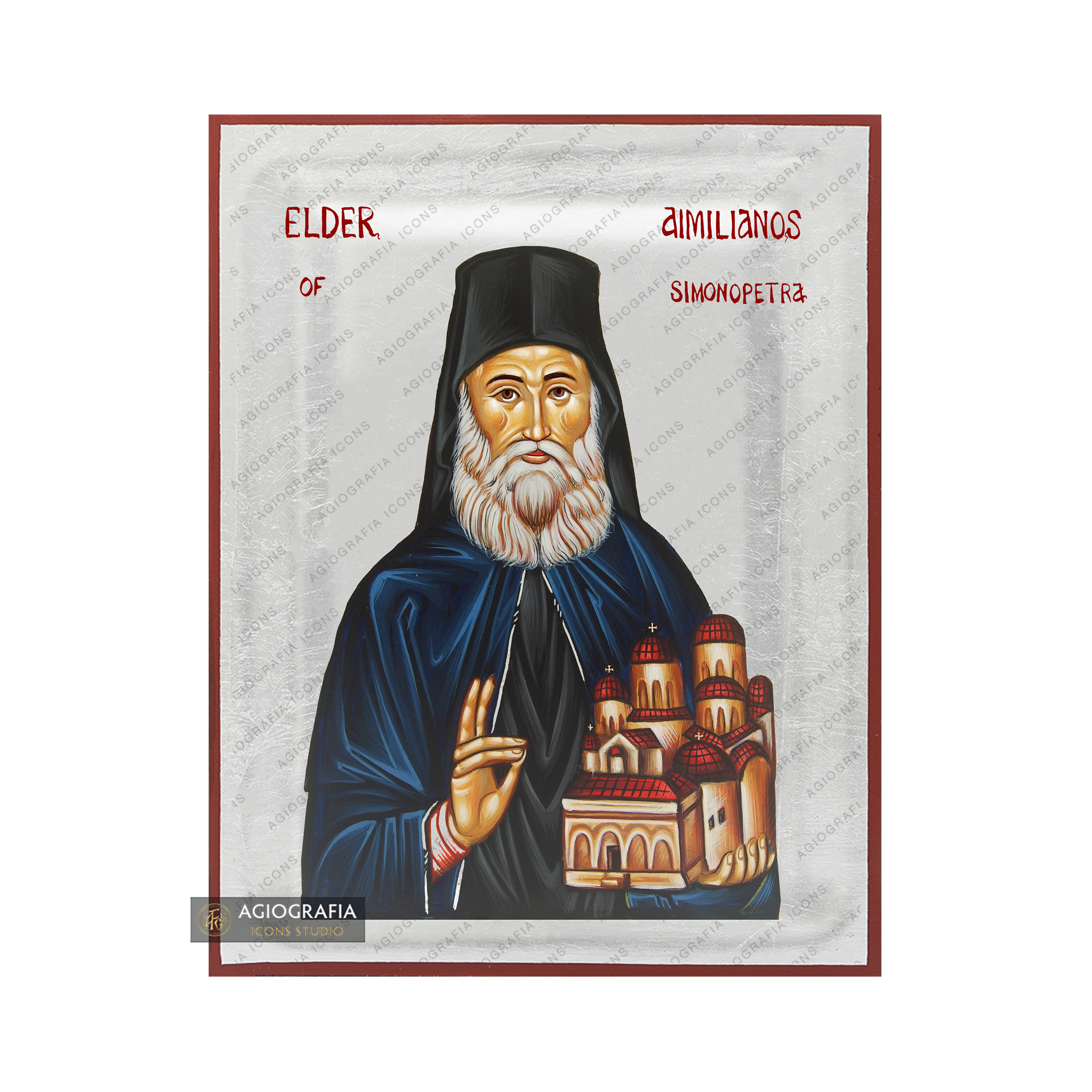 Exclusive Elder Aimilianos of Simonopetra Icon with Pure Silver Leaves