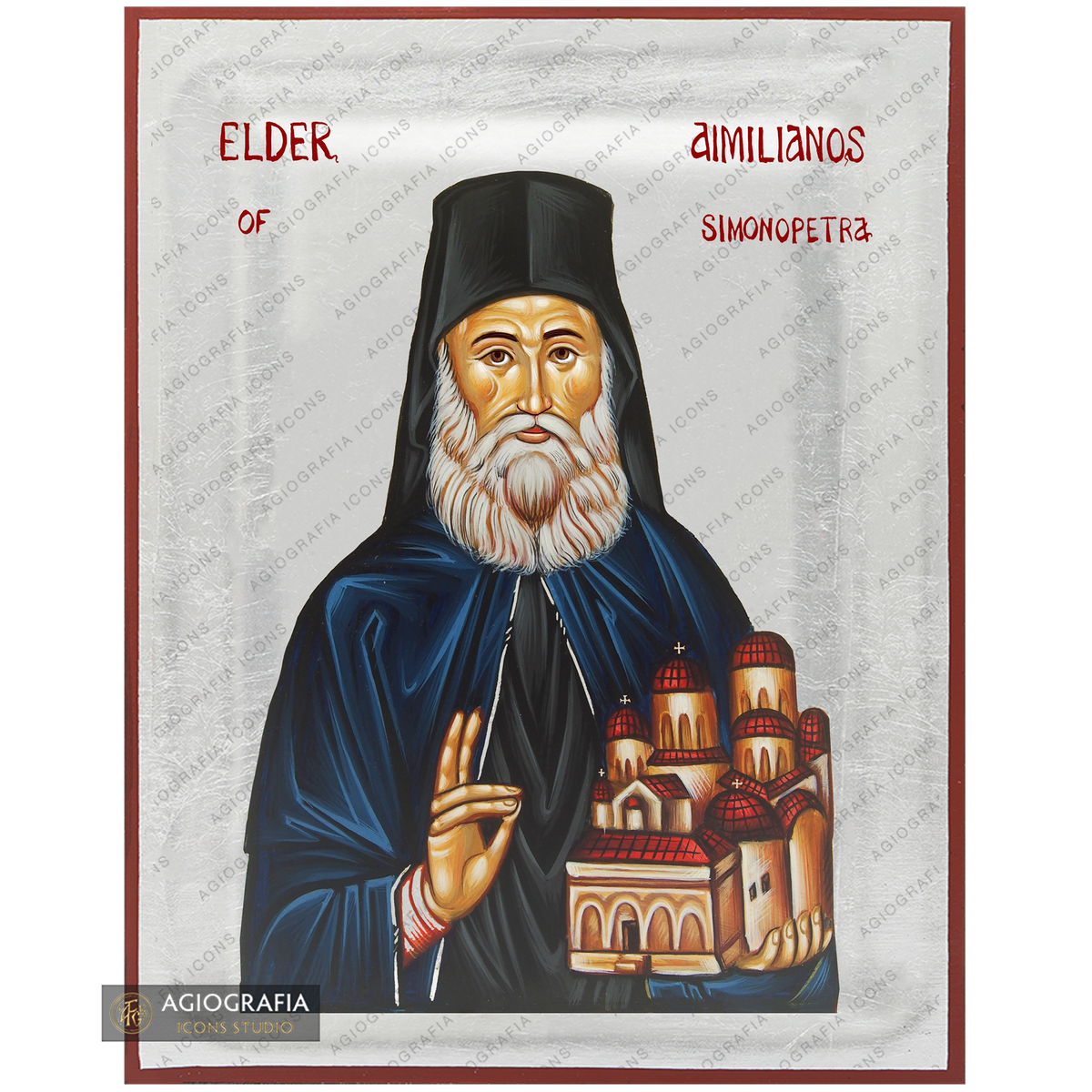 Exclusive Elder Aimilianos of Simonopetra Icon with Pure Silver Leaves