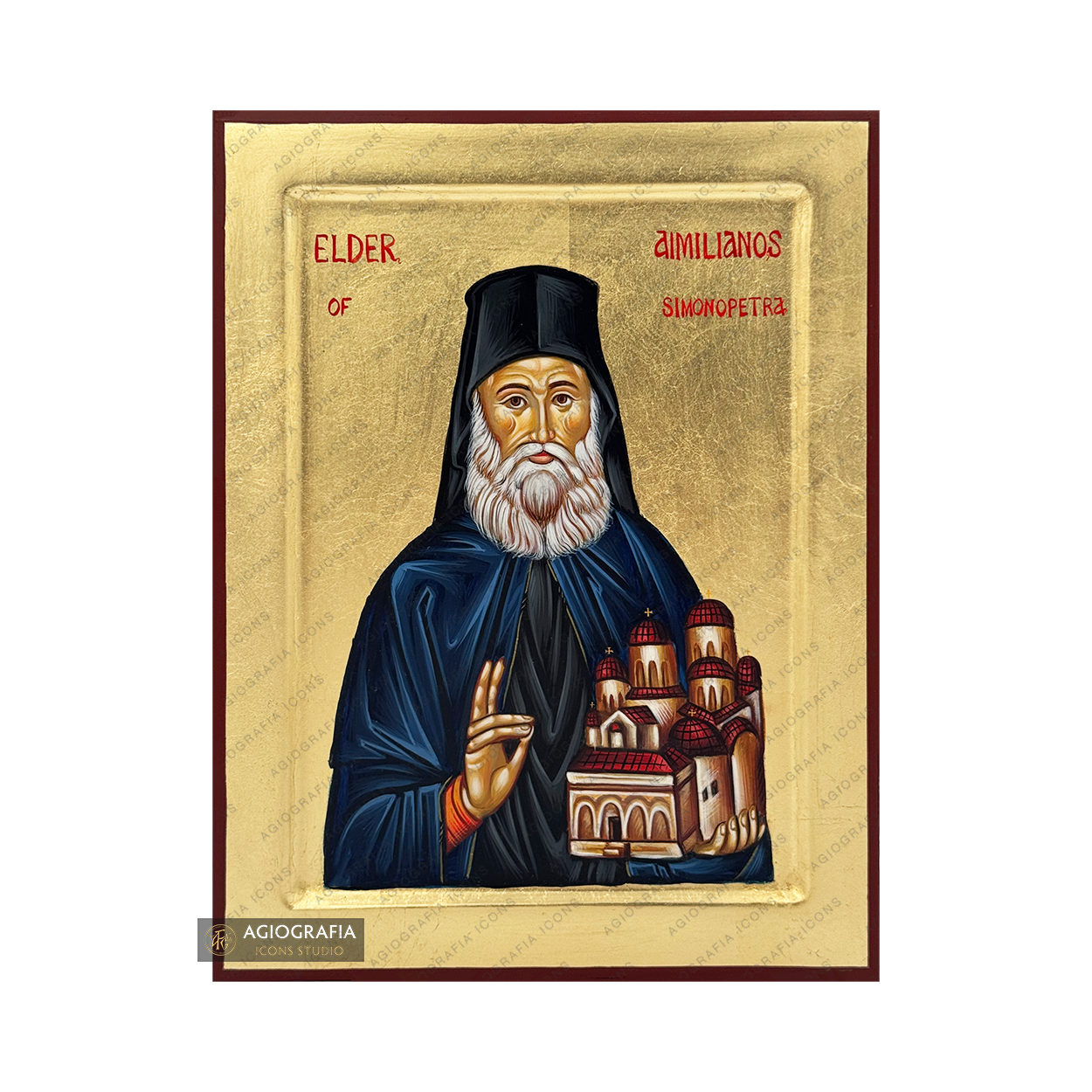 Elder Aimilianos of Simonopetra Handwritten Icon with Gold Leaves