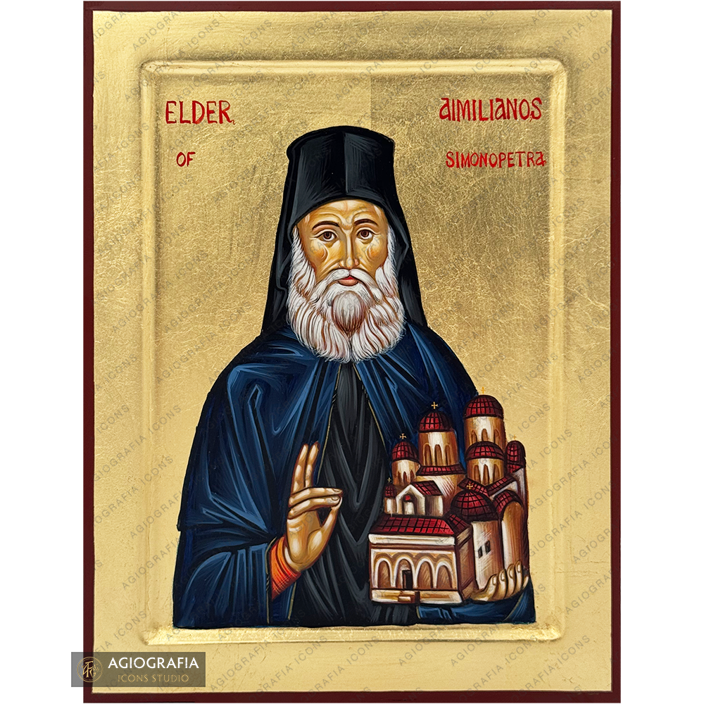 Elder Aimilianos of Simonopetra Handwritten Icon with Gold Leaves