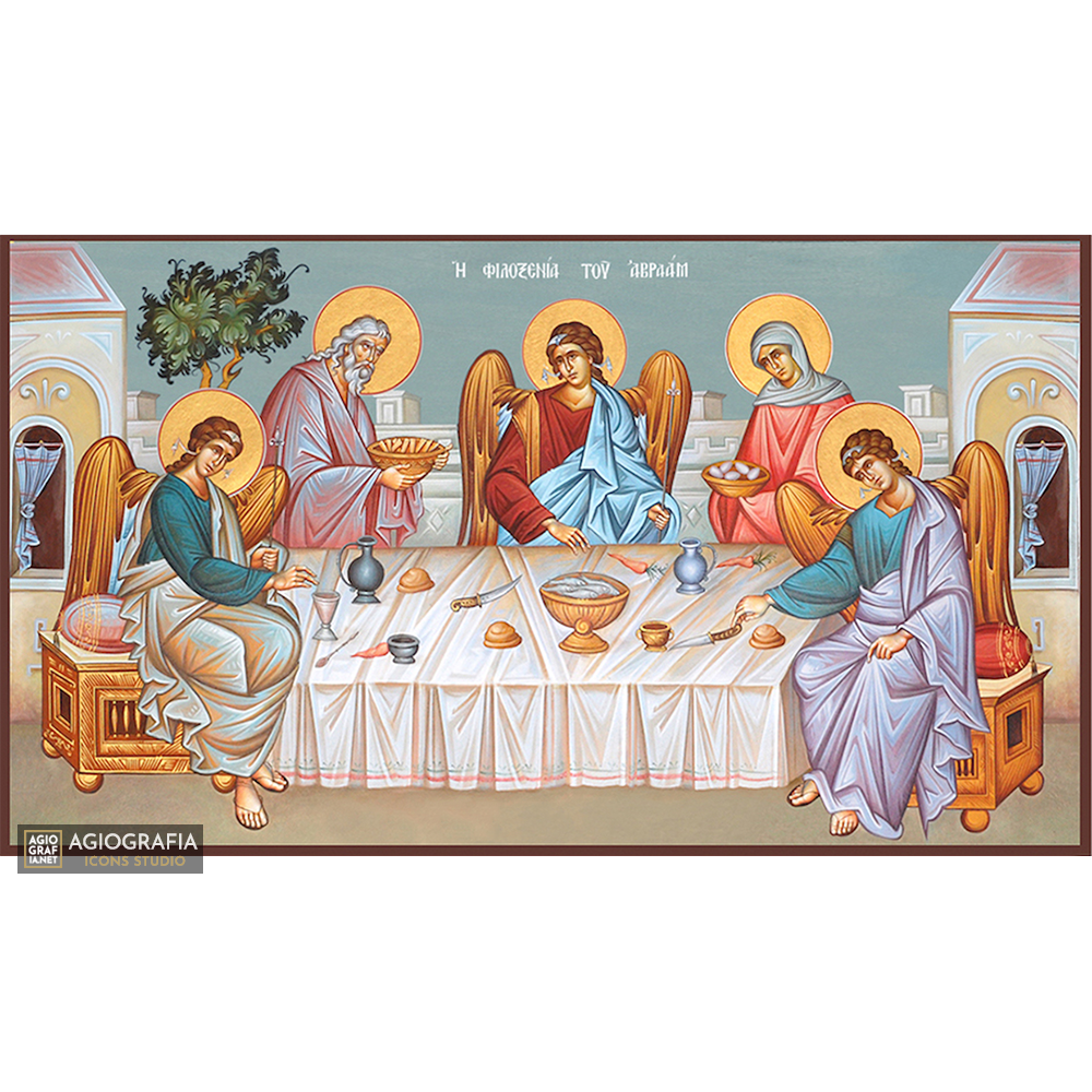 Holy Trinity & Hospitality of Abraham Greek Icon with Blue Background