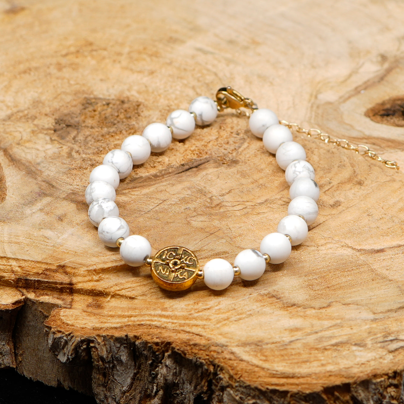Howlite 24k Gold Plated Christian Woman Bracelet