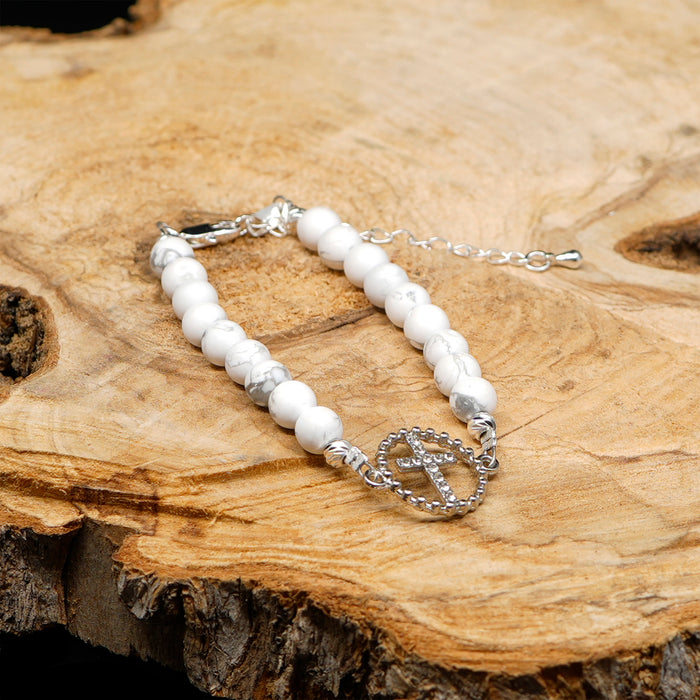 Bracciale cristiano da donna in howlite, platino & argento sterling