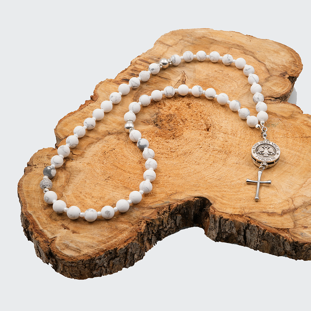 Orthodox Prayer Rope Howlite – IC XC NI KA & Double-Headed Eagle
