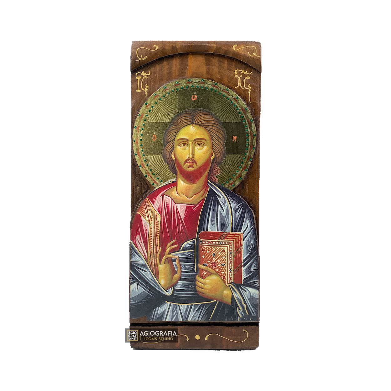 Jesus Christ Christian Orthodox Gold Print Icon on Carved Wood
