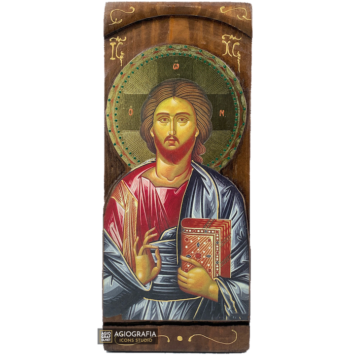 Jezus Chrystus chrześcijańska prawosławna ikona złotego druku na rzeźbionym drewnie