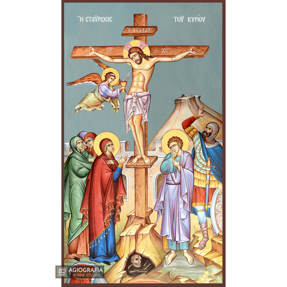 Crucifixion of the Lord Orthodox Icon with Blue Background