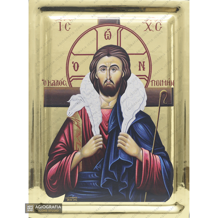 Gesù Cristo Buon Pastore icona cristiana ortodossa con effetto doratura