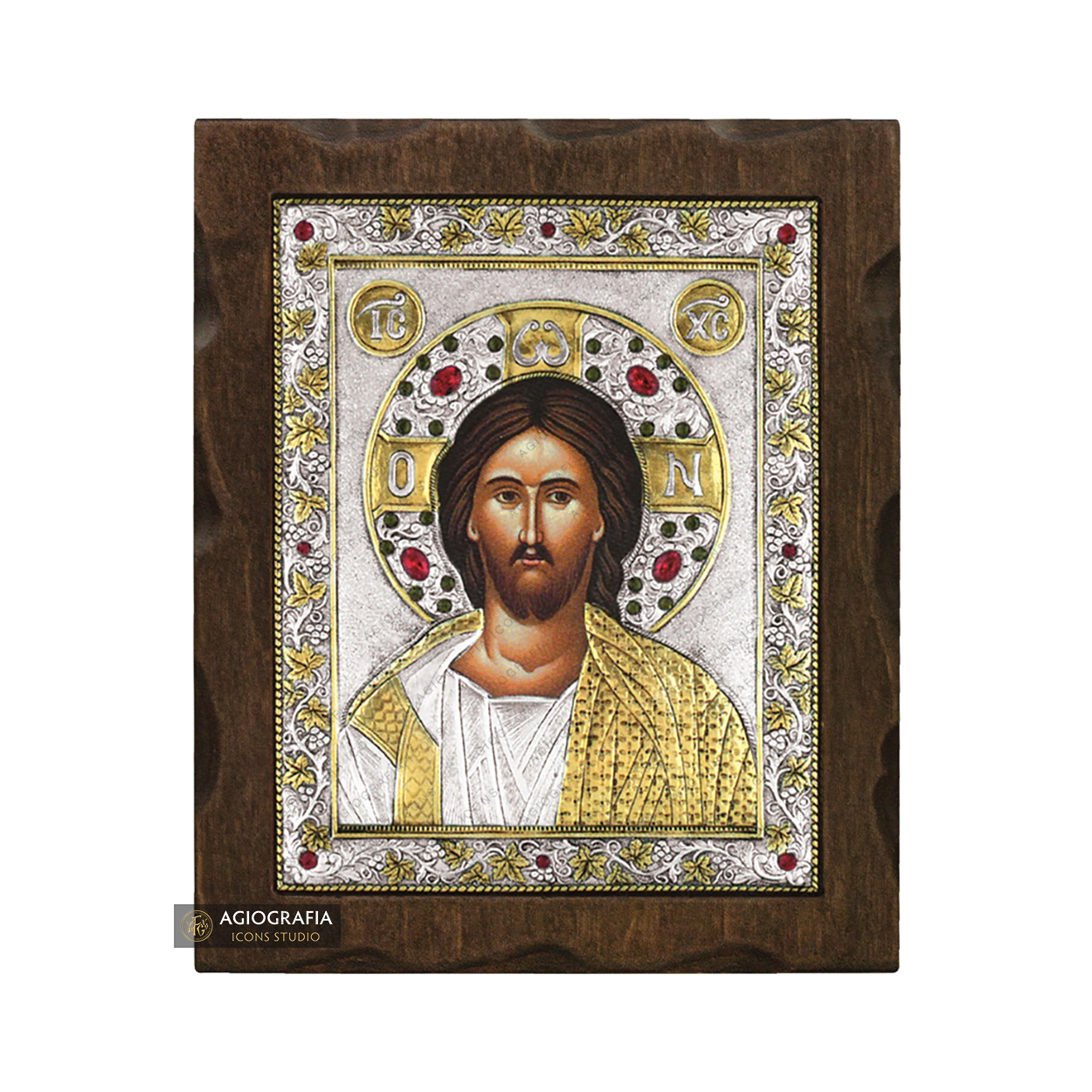 Jesus Christ Silver Gold Plated Wood Icon with Crystals