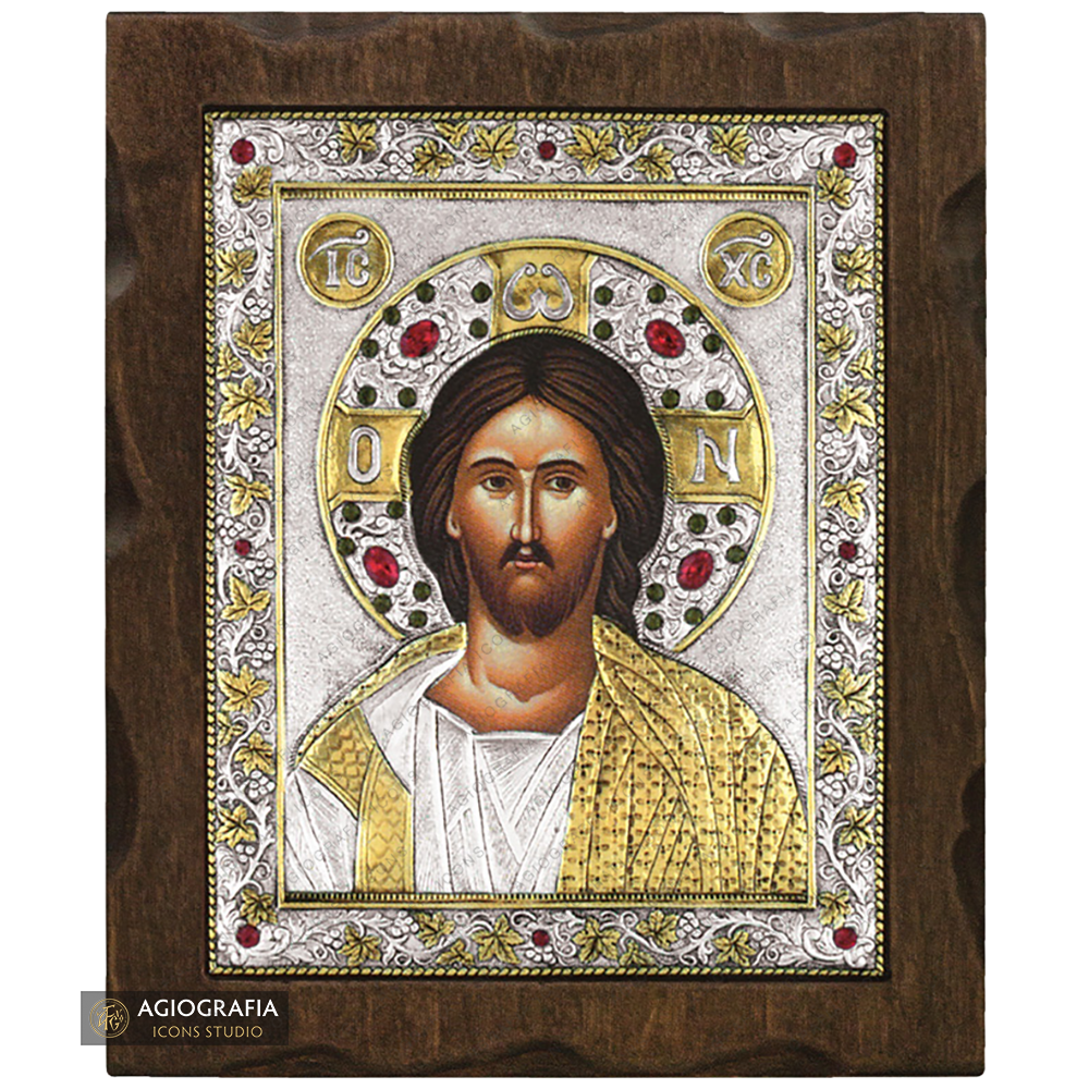 Jesus Christ Silver Gold Plated Wood Icon with Crystals