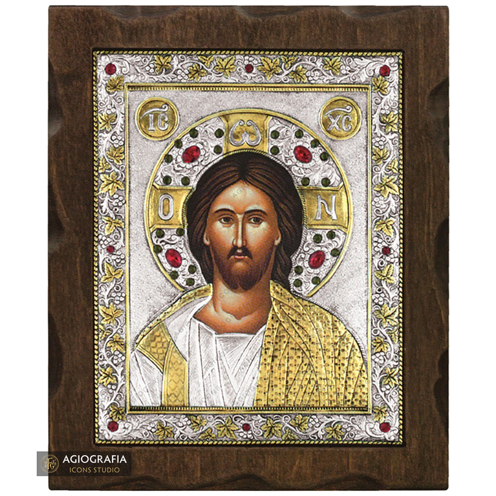 Gesù Cristo icona in legno argentata e dorata con cristalli