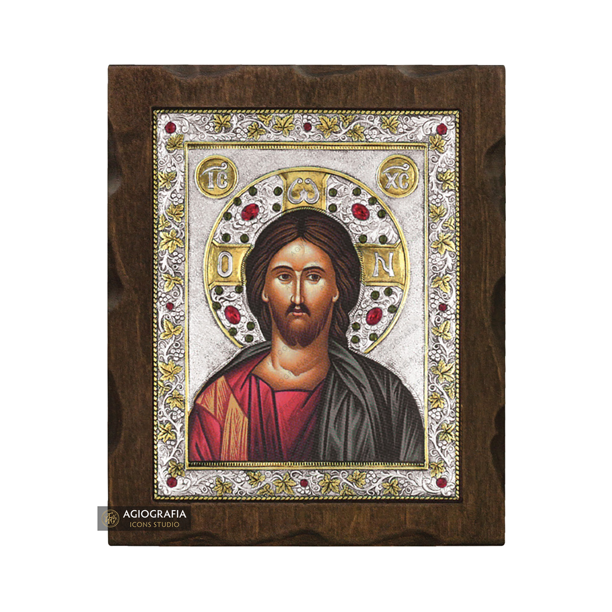 Jesus Christ Silver Gold Plated Wood Icon with Crystals