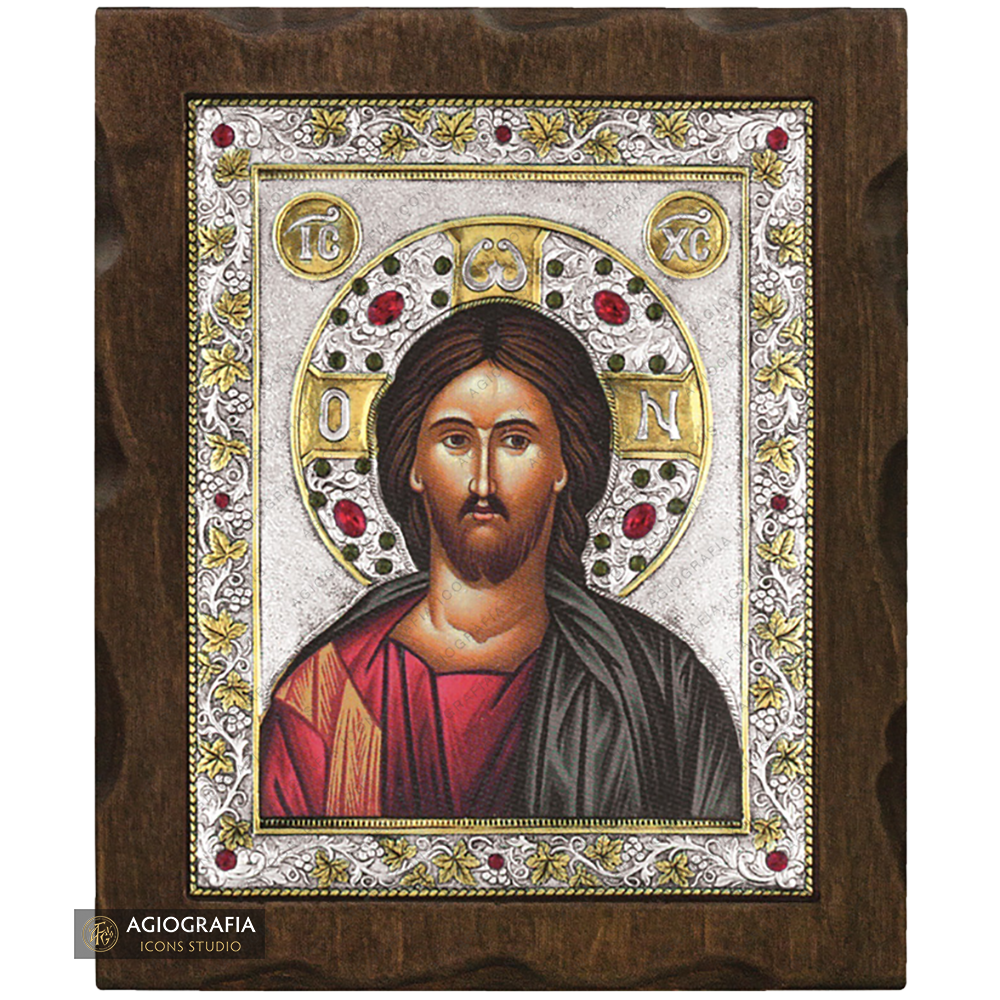 Jesus Christ Silver Gold Plated Wood Icon with Crystals