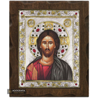 Jesus Christ Silver Gold Plated Wood Icon with Crystals