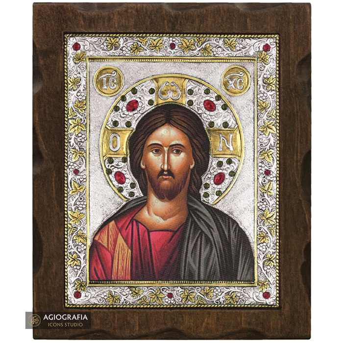 Gesù Cristo icona in legno argentata e dorata con cristalli