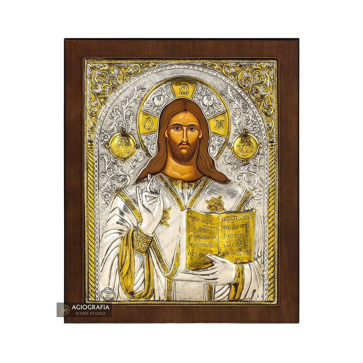 Jesus Christ The Almighty Pantokrator Silver Gold Plated Icon on Wood