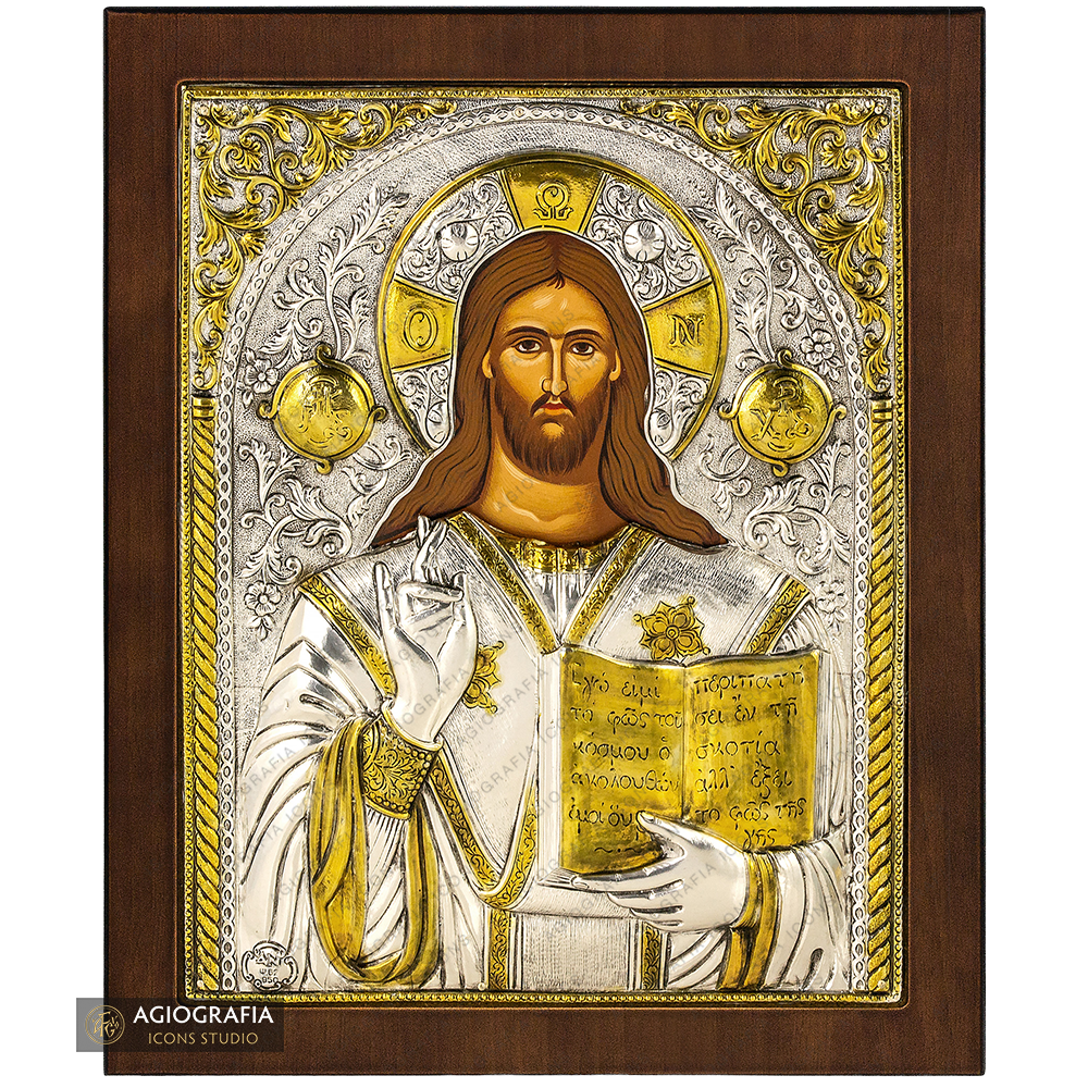 Jesus Christus der Allherrscher (Pantokrator) versilberte und vergoldete Ikone auf Holz