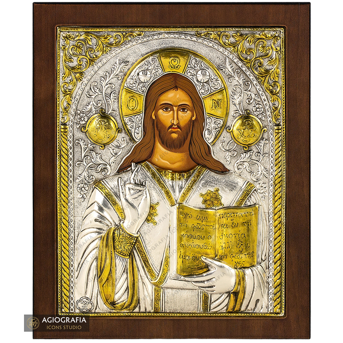 Jésus-Christ le Tout-Puissant (Pantocrator) icône plaquée argent et or sur bois