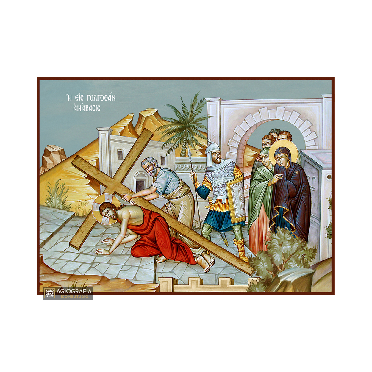Jesus Christ Ascent to Golgotha Christian Icon Blue Background