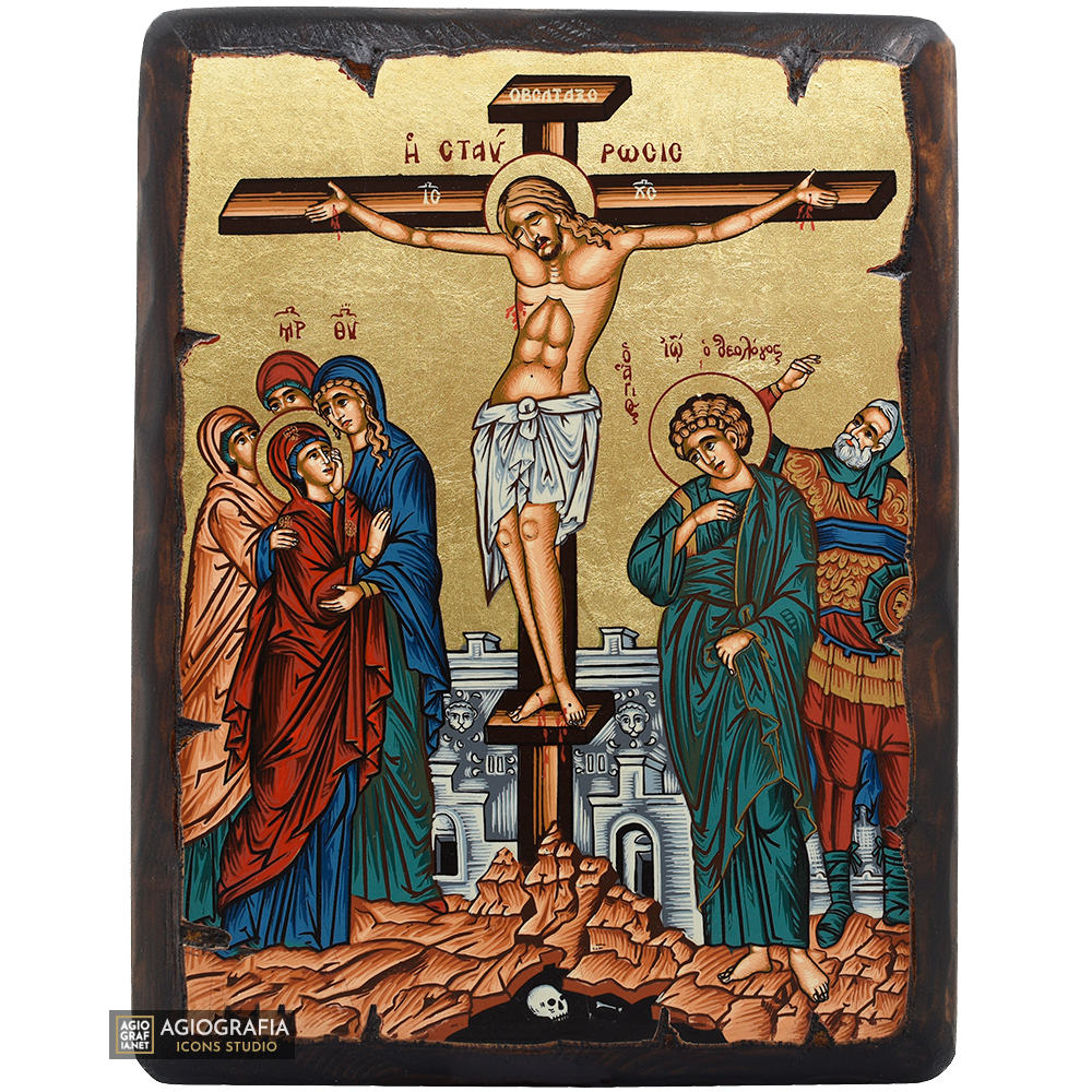 Crucifixion of the Lord Christian Orthodox Icon on Wood with Gold Leaf