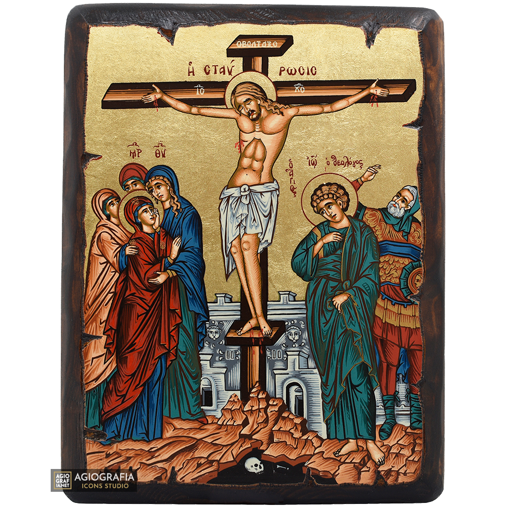 Crocifissione del Signore icona cristiana ortodossa su legno a foglia d'oro