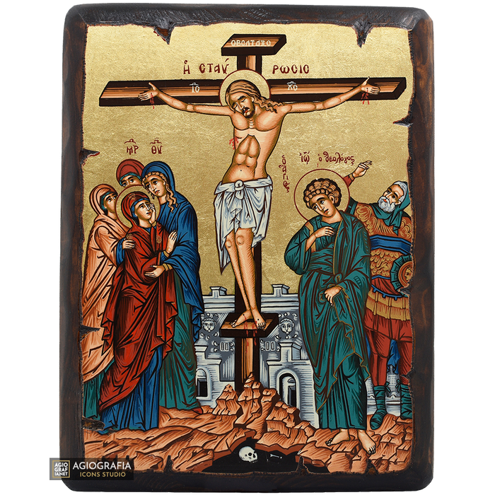 Crocifissione del Signore icona cristiana ortodossa su legno a foglia d'oro