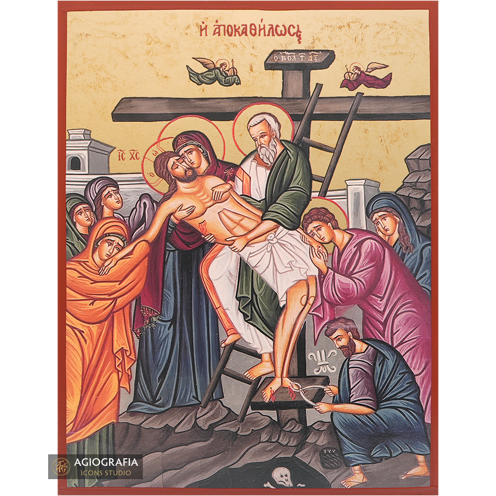 Jesus Christ Descent from the Cross Gold Print Icon on Aged Gold Foil