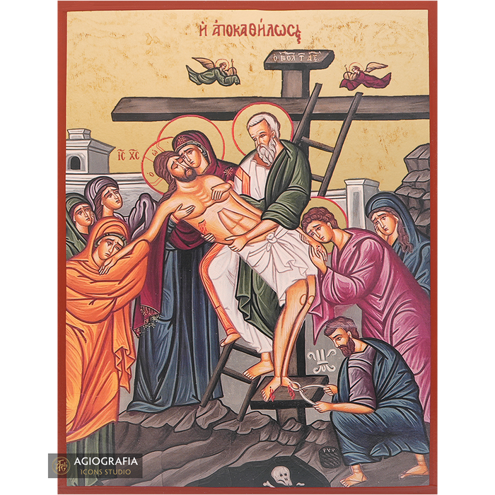 Gesù Cristo Deposizione dalla Croce icona a stampa oro su foglia d'oro anticata