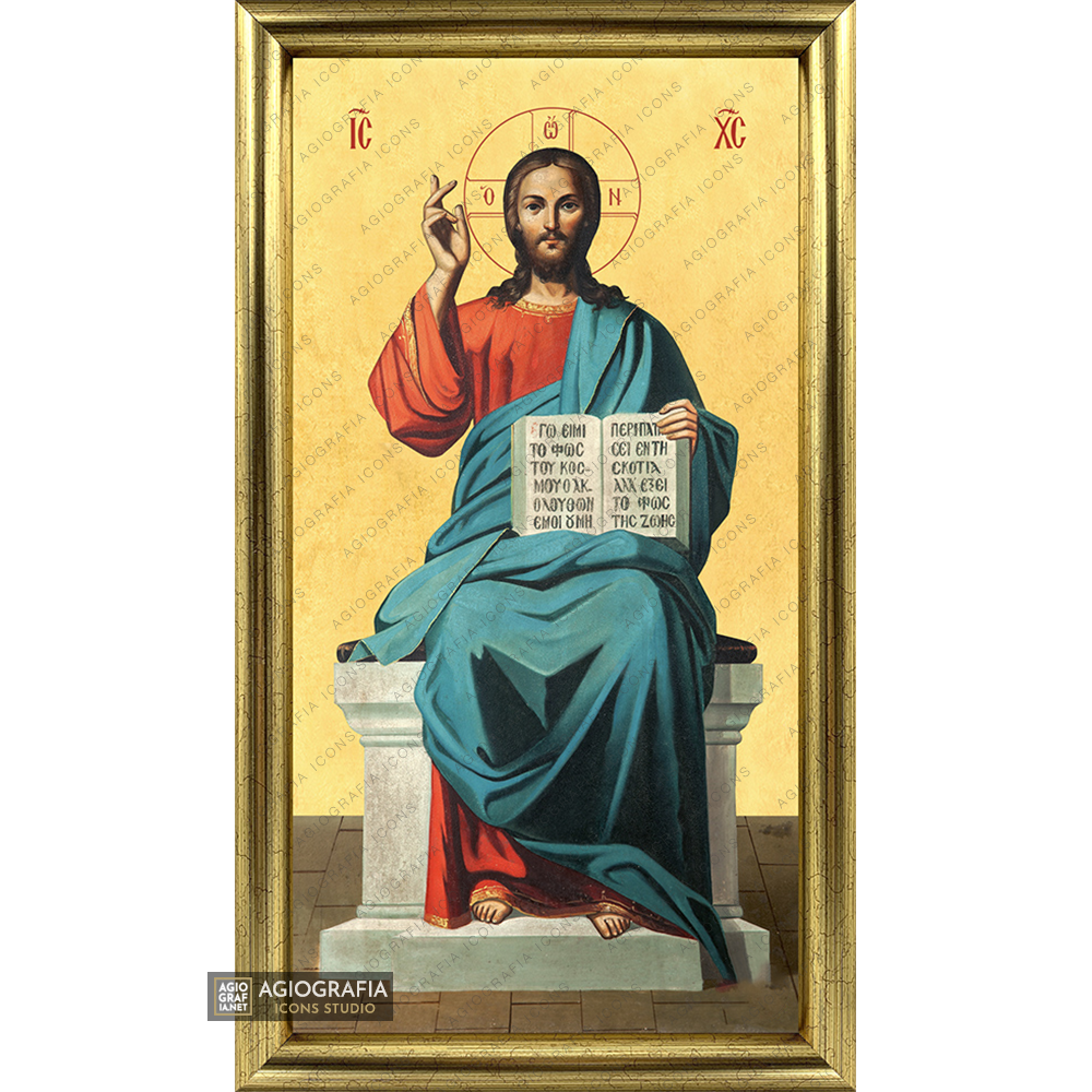 22k Jesus Christ Enthroned Framed Orthodox Icon with Gold Leaf