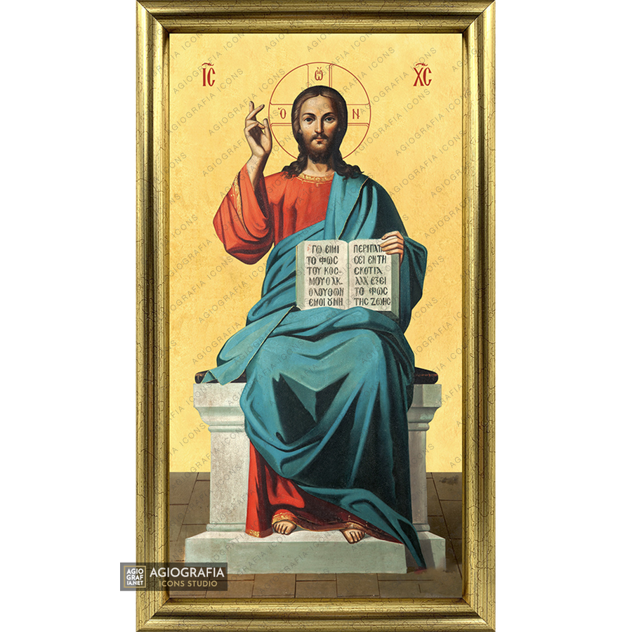 22k Gesù Cristo in trono icona ortodossa incorniciata a foglia d'oro