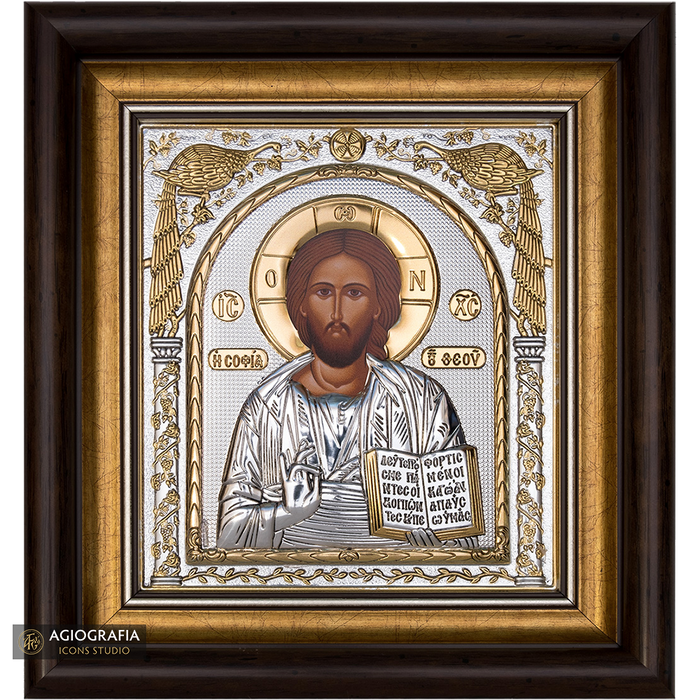 Gesù Cristo Sapienza di Dio icona su legno incorniciata placcata argento e oro