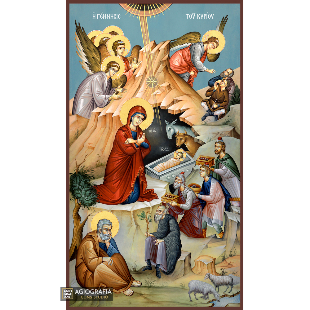 Nativity of the Lord Greek Orthodox Icon with Blue Background