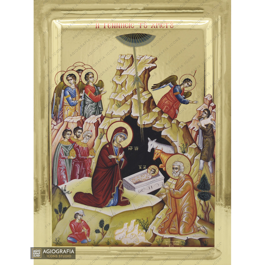 Natività del Signore icona bizantina ortodossa su legno con effetto doratura