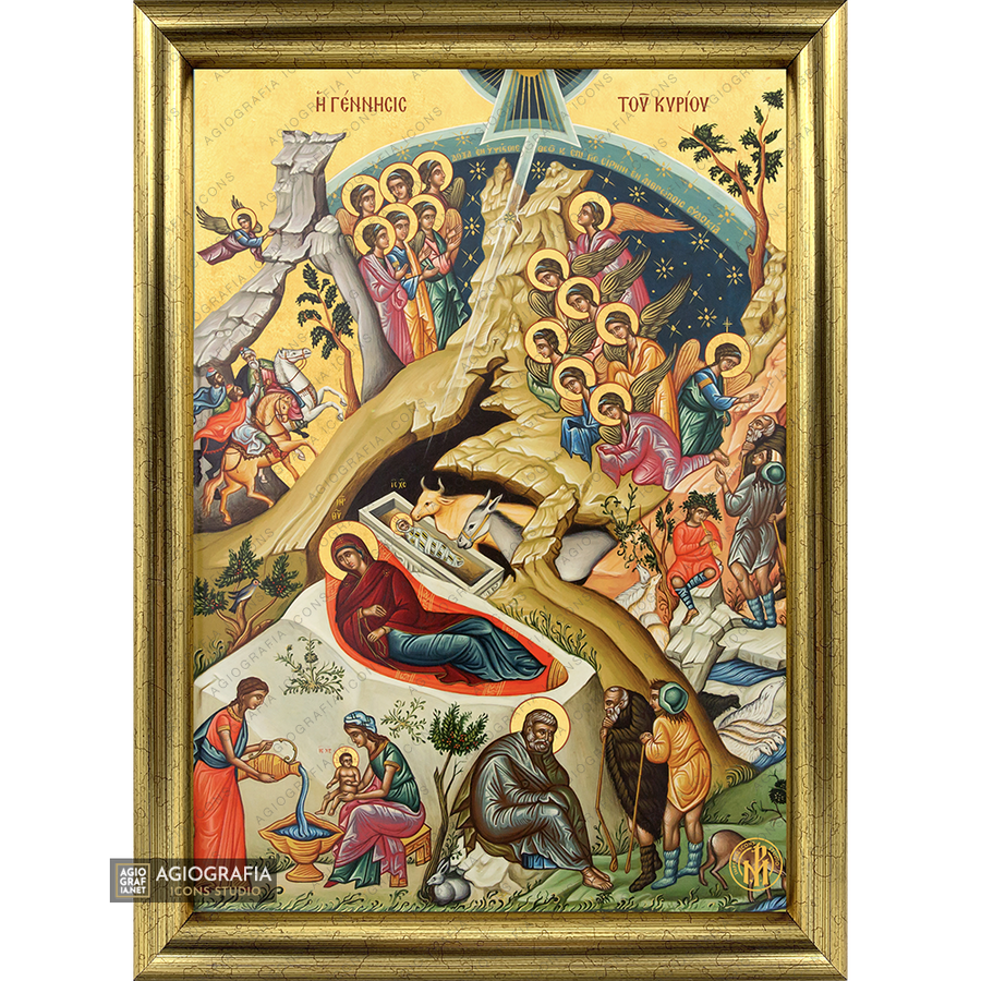 22k Natività del Signore icona cristiana incorniciata a foglia d'oro