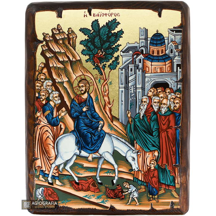 Palm Sunday Greek Orthodox Icon on Wood with Gold Leaf