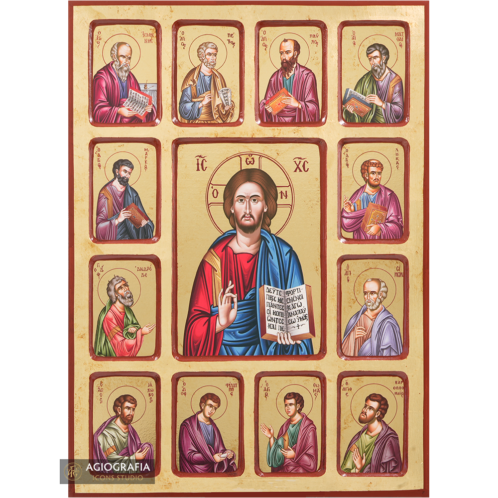 Jesus Christ with 12 Apostles Gold Print Icon with Aged Gold Foil