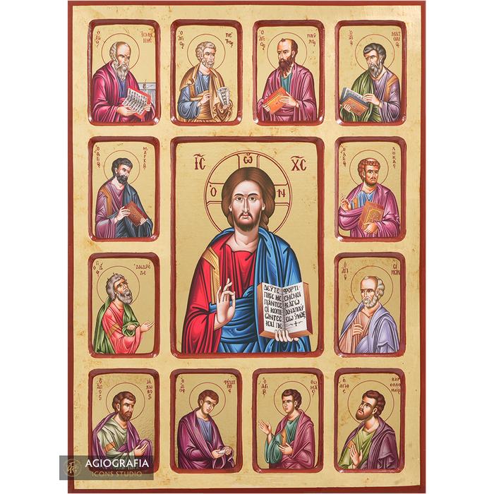 Jésus-Christ avec les 12 Apôtres icône en impression or avec feuille d'or vieillie