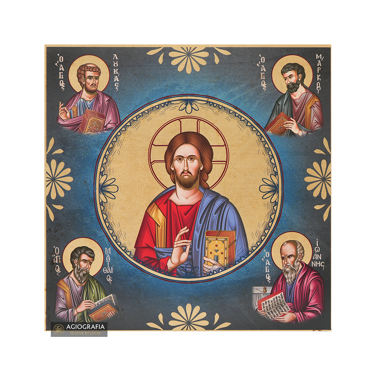 Jesus Christ The Almighty with the 4 Evangelists Aged Gold Foil Icon
