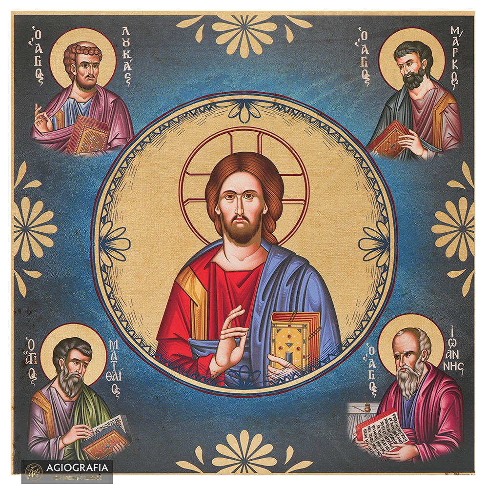 Jesus Christ The Almighty with the 4 Evangelists Aged Gold Foil Icon